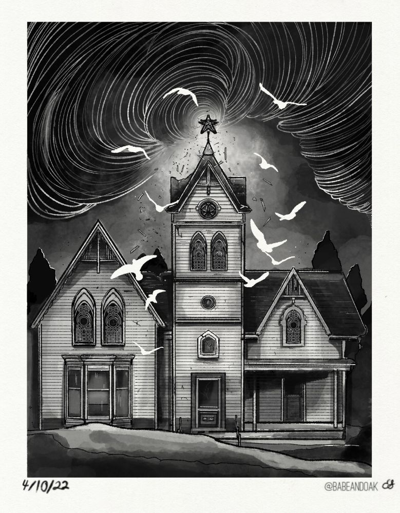 Dark Vibrations - Inktober 2022 black and white ink illustration. Plain rolling hills lead to the door of a  building with a large central spire and a small covered porch. To the left side of the building is a three facet bay windows and the other windows have ornate stained glass. On top of the central spire is a lighting conductor in the shape of a 5 point star. In the highest window of the spire is stain glass in the shape of an eye. Converging at the start is a large vortex spiraling and expanding through the whole sky. The vortex is pulling party’s of the building up towards it and cracking parts of the wood and foundation. The vortex is casting light and highlights on the building and the tress behind it. Converging towards the building is a circle of 12 white bird silhouettes. 