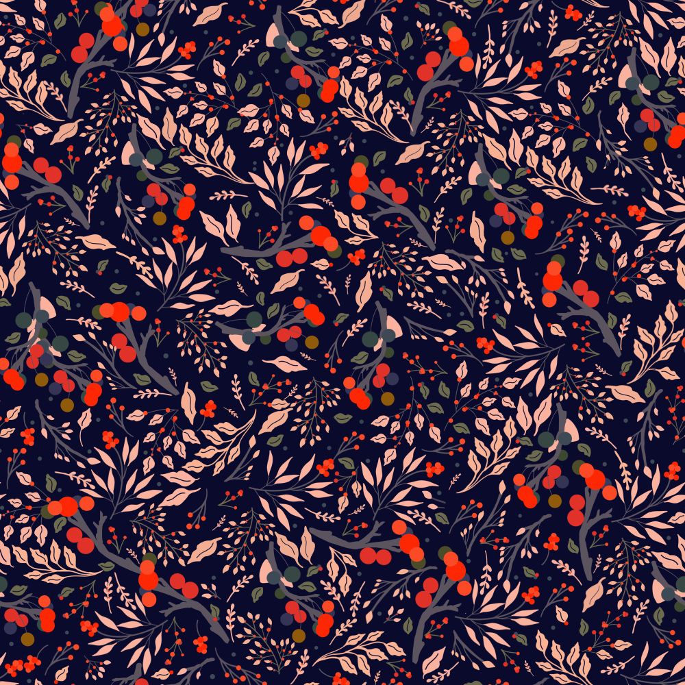 Repeat pattern of the greenery crushed into a forest floor. tan leaf branches and grey slate branches with bright red and dark green large berries also small branches of tan leaves with red berries and slate grey branches with tan leaves on a dark navy blue background 