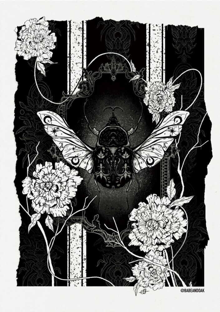 Victorian Ward - Black and white illustration of a Victorian wall with a scarab ward framed. The border of the whole piece is a torn paper. Inside is Victorian black and white striped wallpaper with damask type filigree in the black and smaller stripes and speckles in the white with small vertical black stripes on either side. In the damask pattern are slightly abstract symbols of infinity, an hourglass and other resurrection symbols. In the middle is an ornate rectangular frame framing a large scarab beetle with its wings out. On its wings are celestial symbols like Jupiter, stars and the moon. Around the scarab are peony flowers and branches of a tree branching towards the top left with a vine white line swooping in an out and around the frame in the same direction. The scarabs body is engraved like metal with filigree. Behind the scarab in the frame is grain shading grey over black. 