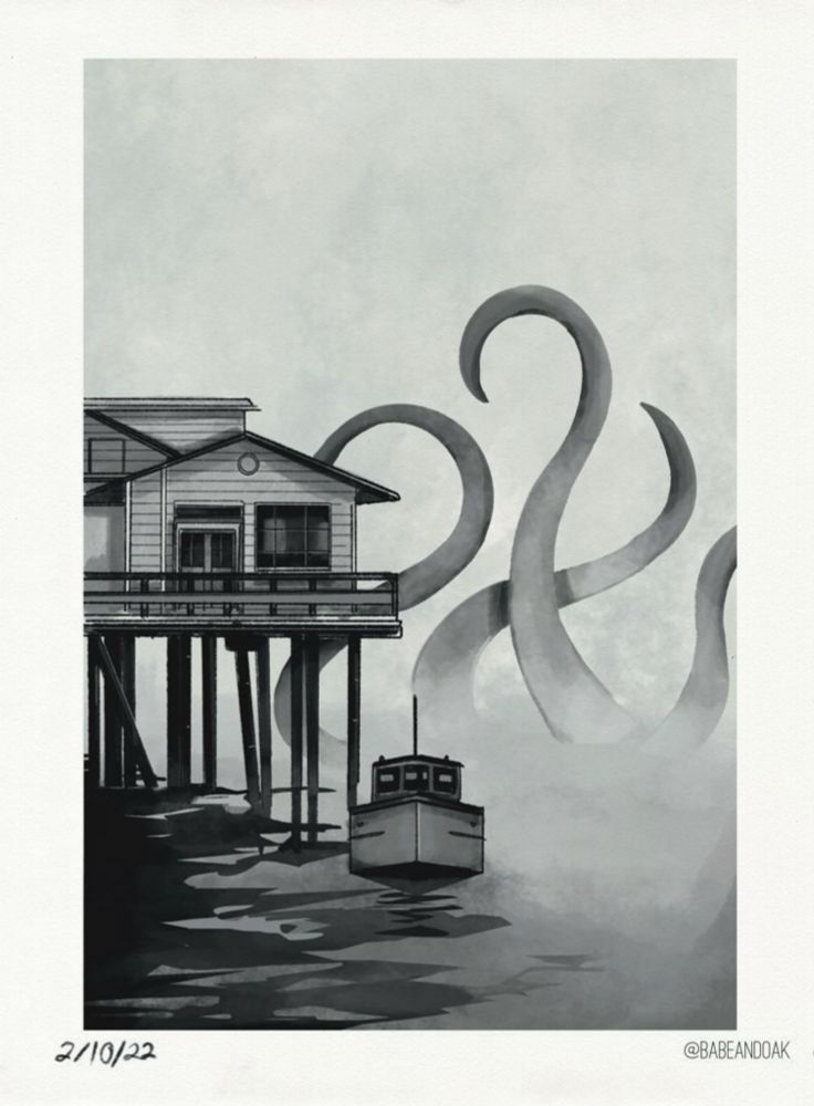 Something in The Deep - Black and white ink illustration of a gigantic eldritch inspired underwater creature near a pier. There is a small dock to the left with a building on a pier above the water. In the middle below is a small fishing boat with dark ripples of water to the left of it. Behind is fog rolling in partially covering four giant tentacles coming out of the water 