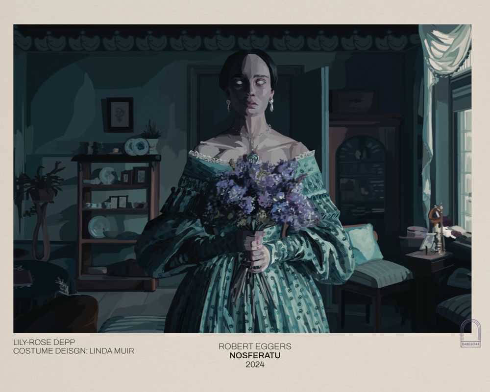 Painted illustration study of a scene of the 2024 film Nosferatu directed by  Robert Eggers. Scene studied is of Ellen played by Lily-Rose DEPP standing in a blue teal tonal Victorian era German sitting room. On the left is an armchair small table and shelf with photos and a small striped ottoman. On the right is a curved cabinet and two striped chairs with a bright lit window with sheer curtains tied up. The room is framed in decorative wallpaper trim. In the middle Ellen is standing in front of an open door in an off should large balloon sleeve that turns to tight sleeves in a lightly striped floral blue on blue fabric. She holds a large bouquet of lilacs. Painted digitally with gouache brushes in loose study style. Done on Procreate Pocket for IPhone 14 