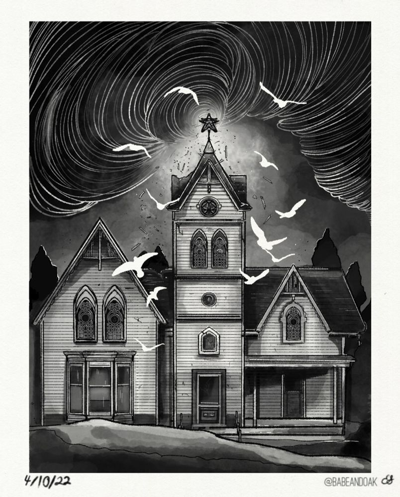 Dark Vibrations - Inktober 2022 black and white ink illustration. Plain rolling hills lead to the door of a  building with a large central spire and a small covered porch. To the left side of the building is a three facet bay windows and the other windows have ornate stained glass. On top of the central spire is a lighting conductor in the shape of a 5 point star. In the highest window of the spire is stain glass in the shape of an eye. Converging at the start is a large vortex spiraling and expanding through the whole sky. The vortex is pulling party’s of the building up towards it and cracking parts of the wood and foundation. The vortex is casting light and highlights on the building and the tress behind it. Converging towards the building is a circle of 12 white bird silhouettes. 