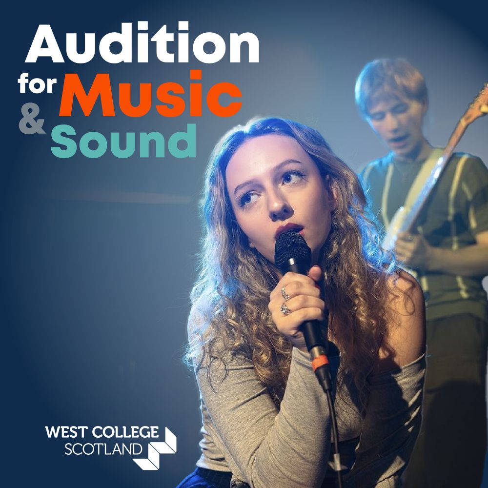 Promotional image for West College Scotland Paisley Music and Sound. Pictured is singer with microphone, guitar player standing behind. 