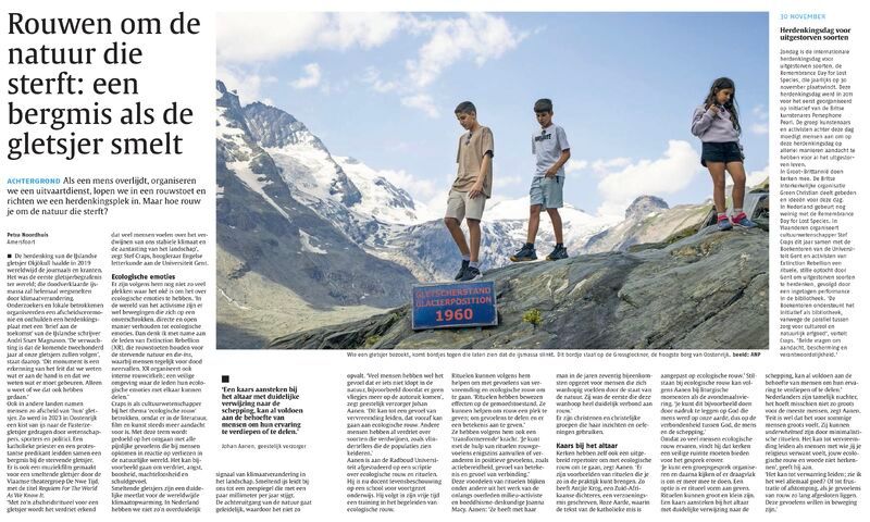 Artikel over ecologische rouw in Nederlands Dagblad