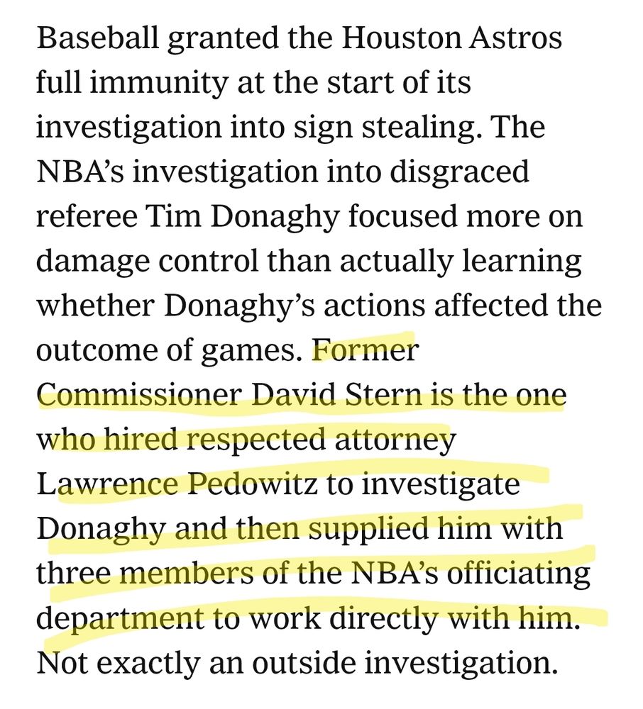 Former Commissioner David Stern is the one who hired respected attorney Lawrence Pedowitz to investigate Donaghy and then supplied him with three members of the NBA's officiating department to work directly with him 