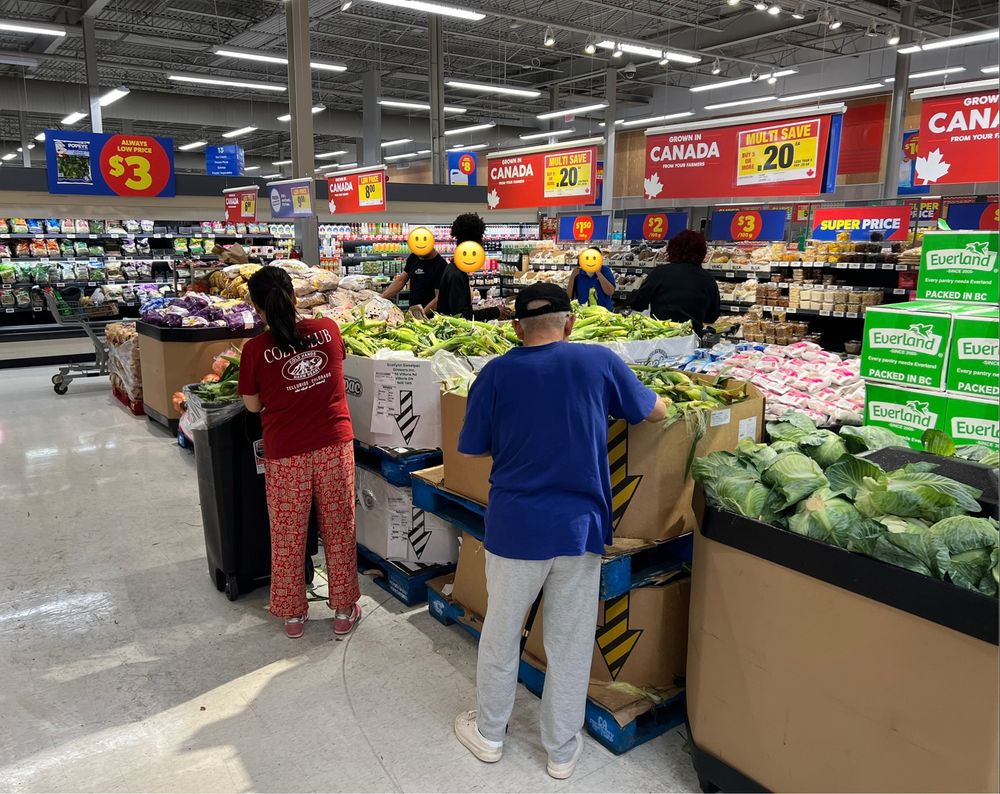 Big grocery store with bins of sweet corn on pallets. $0.20 each if 5+, big signs say it’s grown in Canada. People are gathered around it at multiple shucking stations.