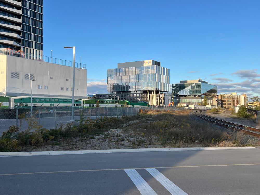 GO trains parked in downtown Kitchener