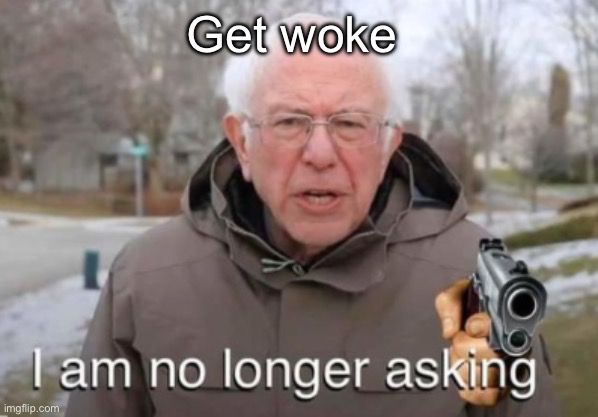 Bernie meme but with a gun:

Get woke 

I am no longer asking 