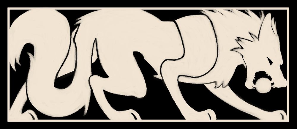 Just the off-white wolf with a sphere in its mouth on a black background from the Jay illustration.