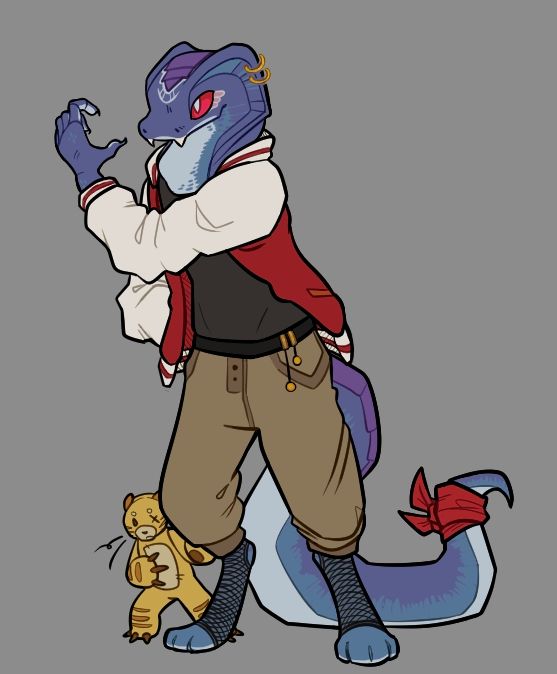 A drawing of the previous snake but grown up. Now, his cobra hood has two gold piercings in it, a red bandana is tied around the end of his tail, he is wearing a dark grey tank top, red varsity jacket, and tan shorts. The yellow tiger plushie peeks out from behind his leg, one of its eyes missing and replaced with a stitched 'X'.