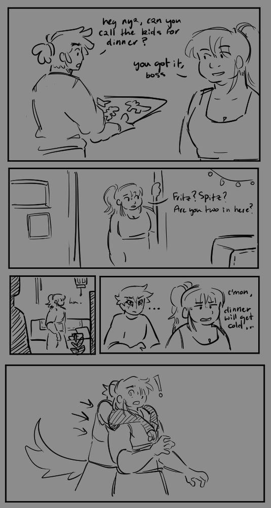 The first part of a three part comic.
Cole from Ninjago is shown holding a tray of dino nuggets and asking Nya to call the kids for dinner. Nya responds that she will and is seen peeking into the living room, calling Fritz and Spitz's names. When she gets no response, she enters the living room and is trailed by a shadowed figure, then revealed to be Jay. Jay grabs onto Nya from behind, catching her by surprise.