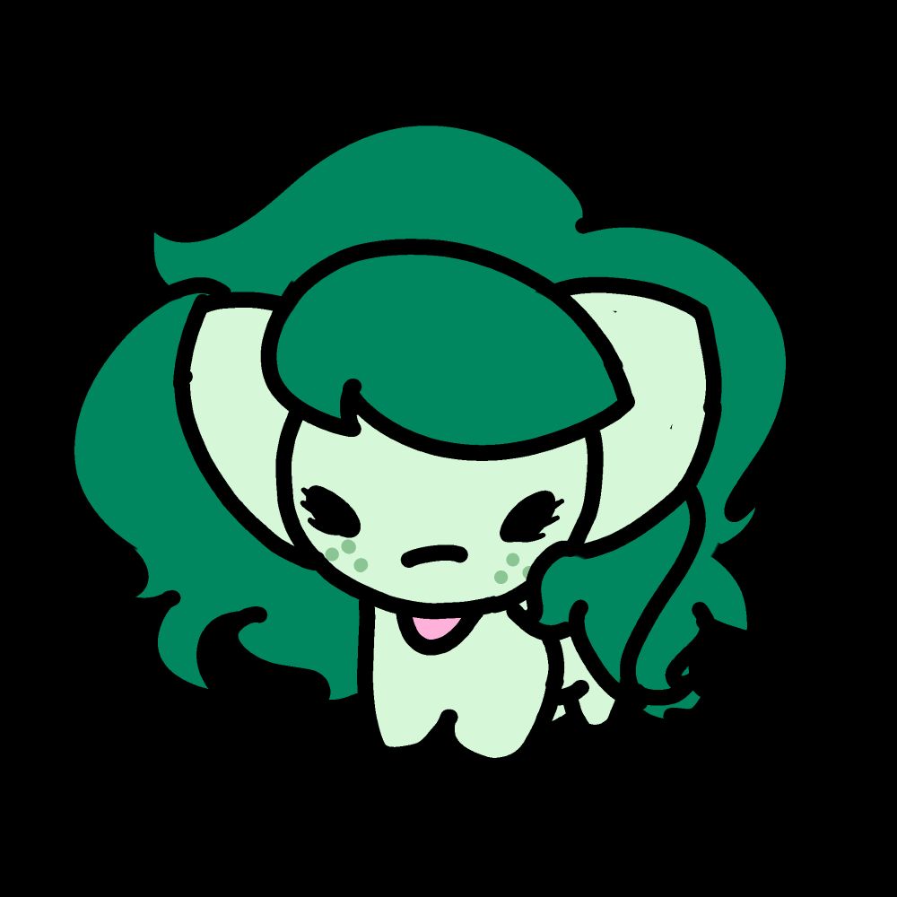 a cartoon drawing of a light green horse with a dark green mane sticking its tongue out