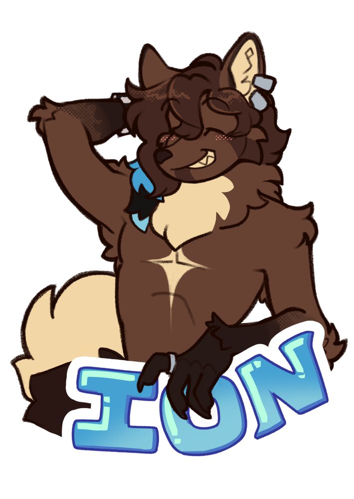 tanuki wolf hybrid with a hand on his hair, and another on top of his name: Ion.