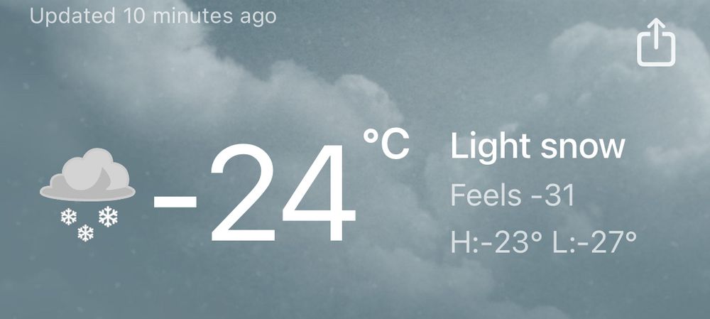 A screenshot of the weather app showing -24 degrees celsius with light snow. Feels like -31 degrees celsius, a high of -23 celsius and a low of -27 celsius.