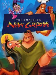 Movie banner of The Emperor's New Groove, showing four characters: top left character is Yzma holding a pink poison bottle, top right character is Kronk in a chefs hat with a squirrel on his shoulder, left centre is Cuzco, as a llama, and right centre is Pacha.