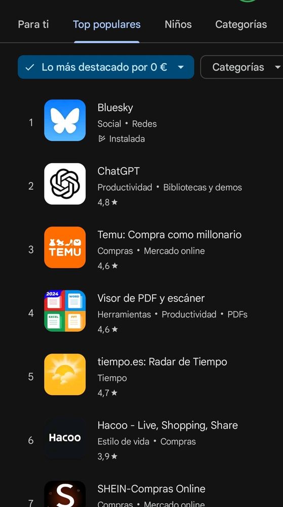 Es una captura de pantalla del top populares de la app store donde se ve que la primera es bluesky
