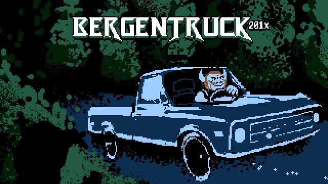 Pixel art of Asgore driving in a truck. He's driving down a dark forest at knight. A silhouette of Dess peers out from the bushes on the left.
A logo hovers above the truck: BERGENTRUCK 201X