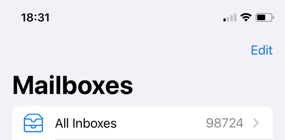 Screenshot showing that the poster has *98,724* unread emails in his mailboxes!