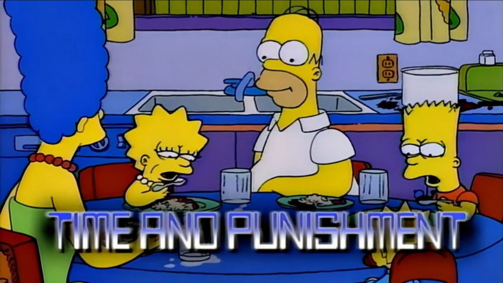 'Time And Punishment' title card from Treehouse of Horror V, Homer looks jovially at Marge while Lisa and Bart bizarrely squint at their cereal as they eat it