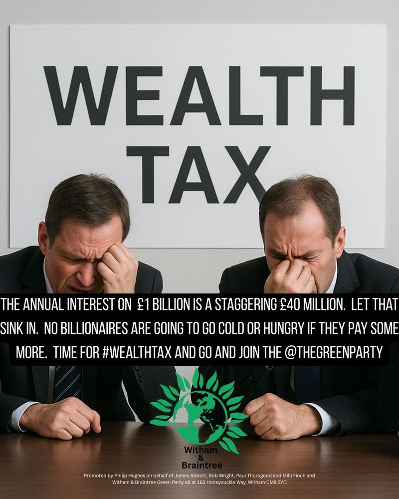 Graphic showing two suited men, sitting at a table, heads in hands. Behind them, a sign reads "WEALTH TAX". Text in the foreground says: "The annual interest on  £1 billion is a staggering £40 million. Let that sink in. No billionaires are going to go cold or hungry if they pay some more. Time for #wealthtax and go and join the @thegreenparty." In the foreground of the image is a Green Party logo and the words "Witham and Braintree".