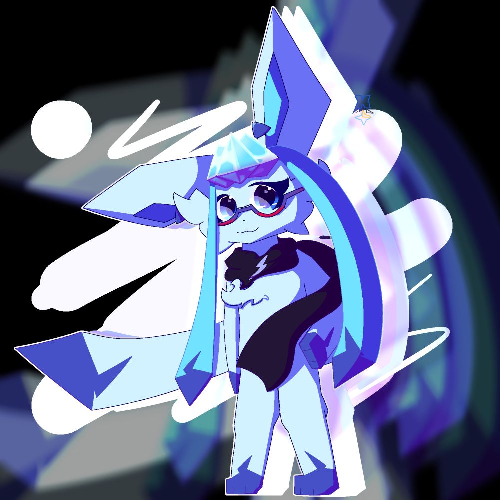 Gloria the Glaceon. She wears a sleek grey scarf with a lightning bolt symbol and wears glasses, because she's old. An "Unc" as the generation may say. Gloria looks at you with a smile.
