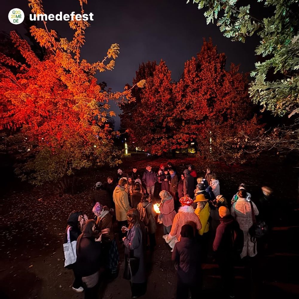 A photo of the closing event of Umede Festival in Vilnius, Lithuania. A group of people are standing together around a bonfire, with a red glow on the yellow leaves of the trees surrounding them.