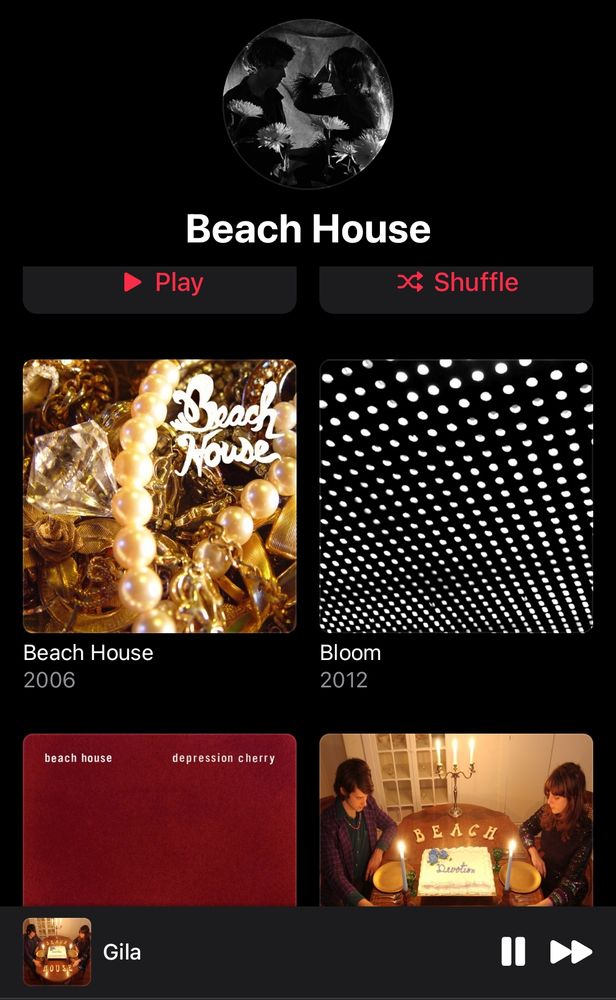 Screenshot of the band Beach House's albums on Apple Music. The song Gila from Devotion is playing.