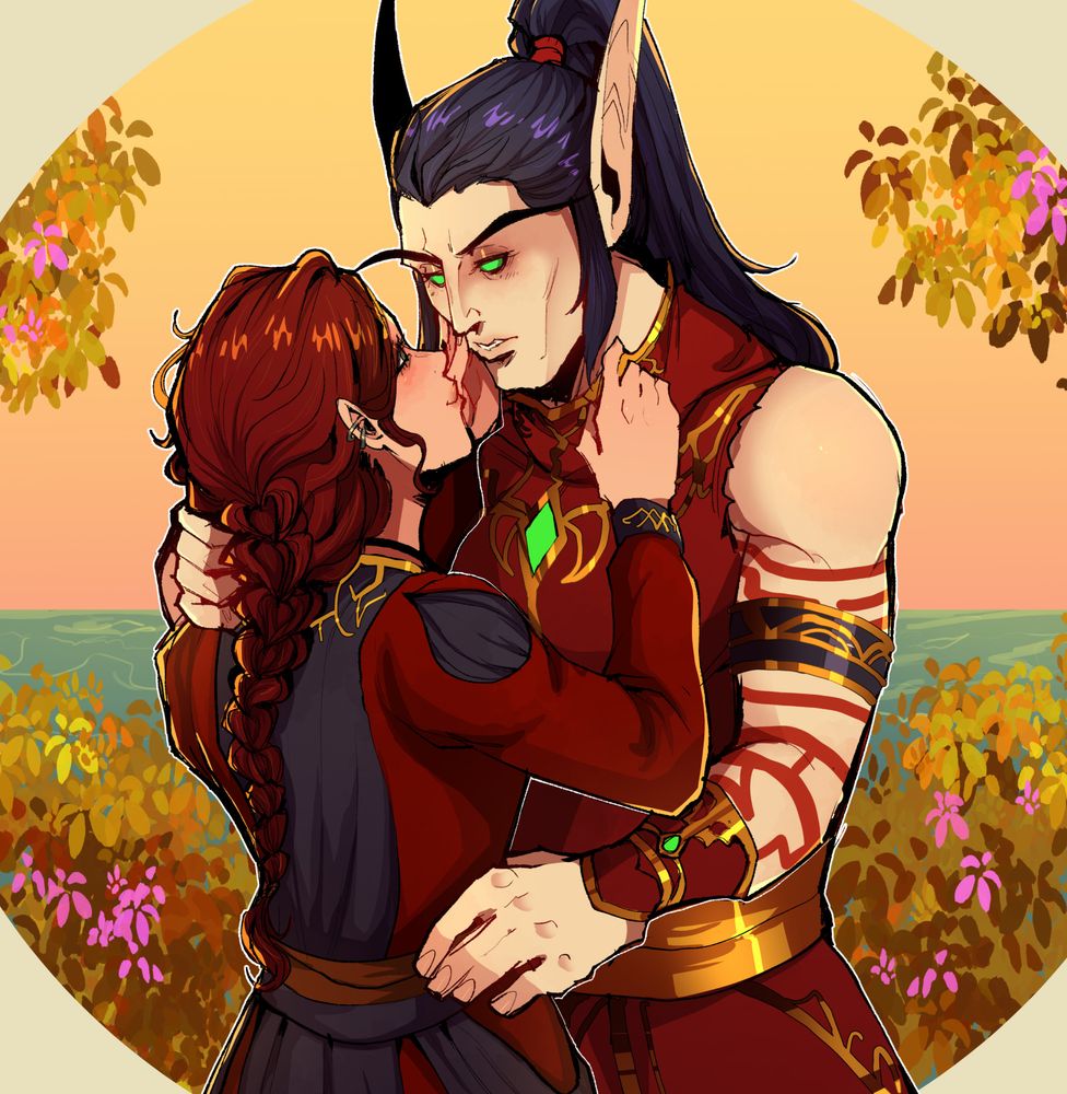 drawing of a mage lady and grand magister rommath as they are holding each other close while the lady pulls his mask down to be able to see his face