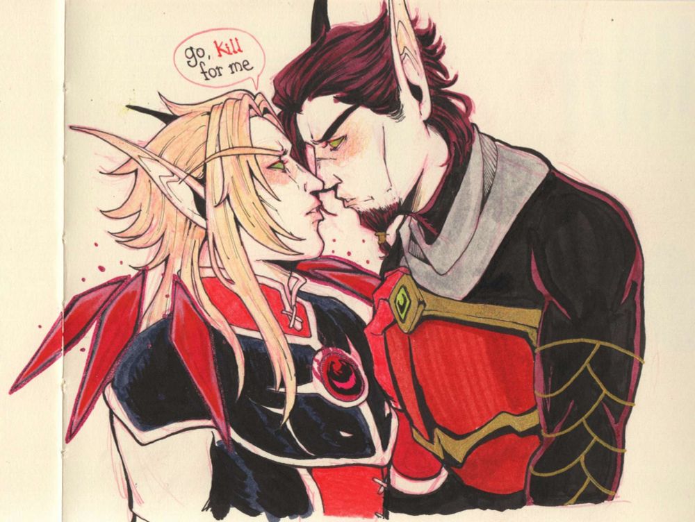 Drawing of Astalor Bloodsworn and my blood elf Xileas, where Astalor is pulling him close and saying: go kill for me.
