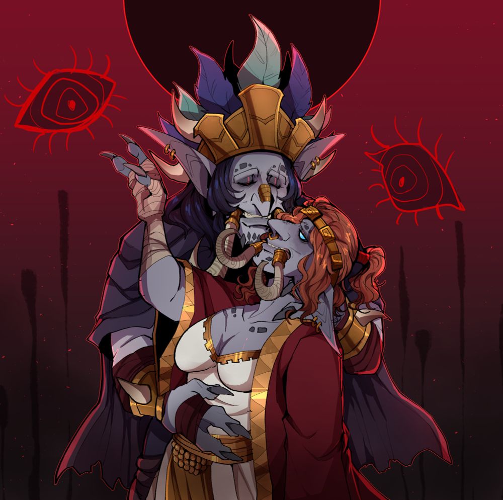 Commission of two trolls from world of warcraft. The first one is holding the second who seems to be slowly taken away by the nightmare/void.