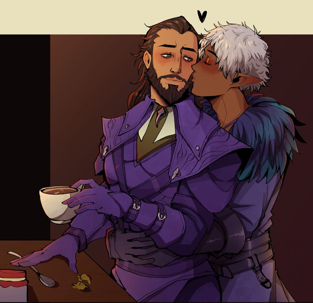 commission of Lucanis Dellamorte and an elf Rook. Rook is holding Lucanis from behind while kissing his cheek as Lucanis makes coffee.