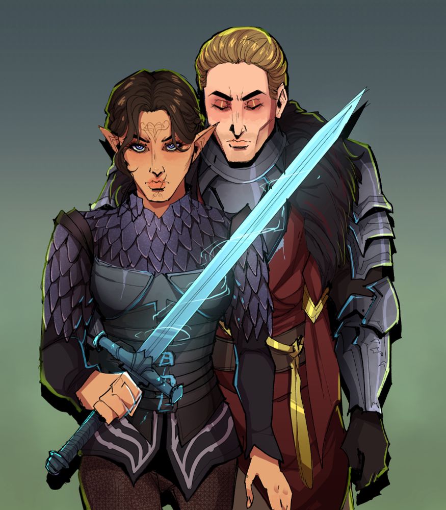 Sketch commission of a mage knight inquisitor elf and Cullen Rutherford from dragon age inquisition.