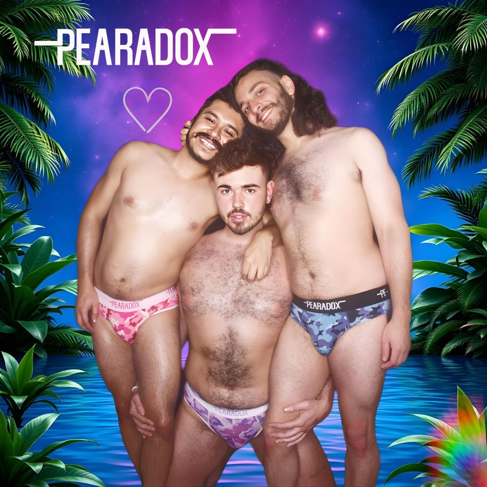 3 gay models together wearing Pearadox brand underwear. 