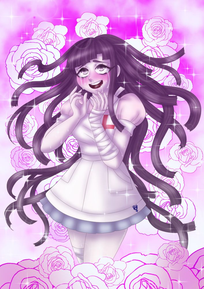 Mikan from Danganronpa 2, a pale girl with messy blunt cut purple hair, bandages around her left arm and right leg, a pink blouse, blue miniskirt and nurse apron. She is posing with her hands up by her face, a pink blush across her face, tear streaming down her cheeks and a happy euphoric expression. The background is pink and white with sparkles and white roses surrounding her.