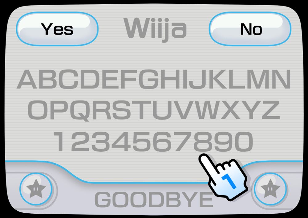 The Wii UI recreated from scratch to look like a Ouija board which the idea came from a play on words (Wii-ja)
This is a variant that says "Wiija" instead of Wii