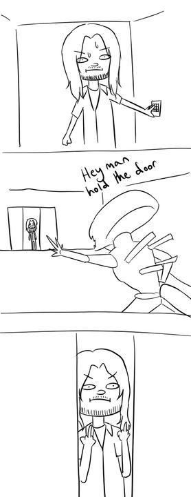 A three panel comic with a long haired man sweating with a stoic expression in the first panel as he presses an elevator button. The second panel shows a Xenomorph running for the elevator with an outstretched arm saying "hey man hold the door" and the third panel shows the doors closing as the man in the elevator holds up two middle fingers with the same stoic expression on his face.