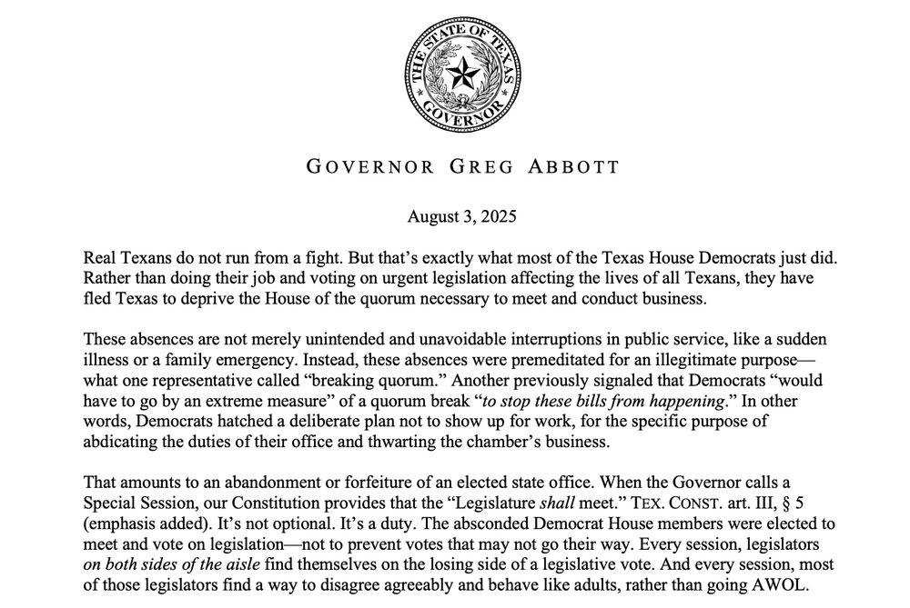 Statement from Texas Governor Abbott threatening to vacate the seats of Texas Democrats who left the state (with dubious legal grounds) 