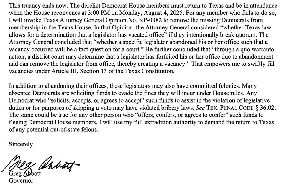 Statement from Texas Governor Abbott threatening to vacate the seats of Texas Democrats who left the state (with dubious legal grounds) 