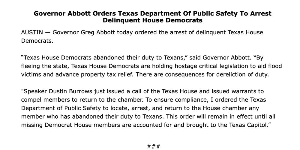 Statement from Greg Abbott ordering Department of Public Safety to help locate delinquent Texas House members (applies only in the state)