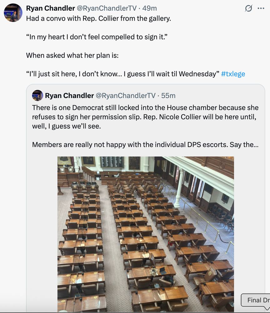 Twitter post from reporter Ryan Chandler about State Rep. Nicole Collier refusing to sign the "permission slip" to move about the Capitol  