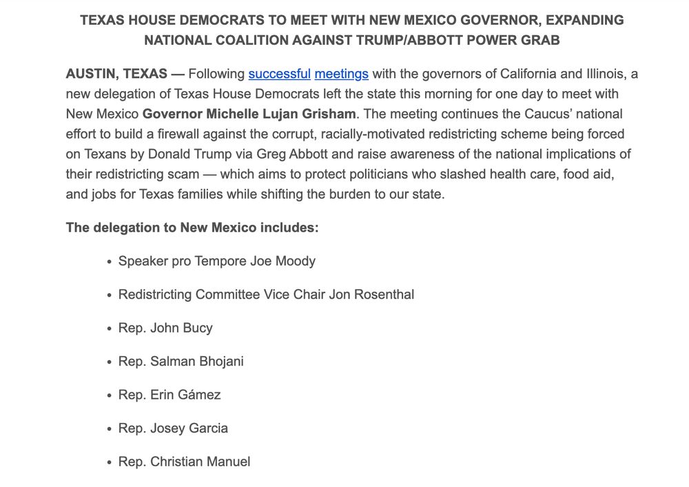 Announcement about Texas House Democrats meeting with New Mexico's governor about redistricting 