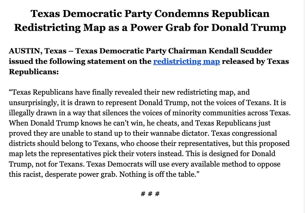 Statement from Texas Democratic Party about the map that just dropped for mid-decade redistricting 