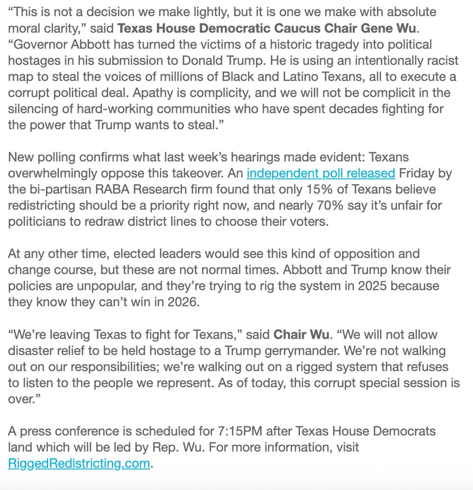 Statement from Texas Democrats about them leaving the state to deny a quorum to stop a new redistricting bill 