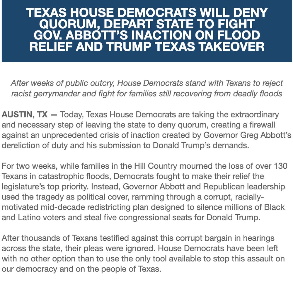 Statement from Texas Democrats about them leaving the state to deny a quorum to stop a new redistricting bill 