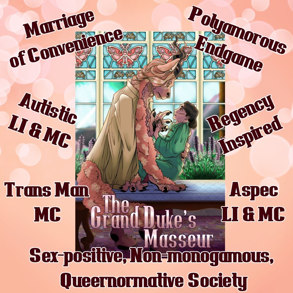 An inforgraphic featuring an illustrated cover title "The Grand Duke's Masseur" in the center. It features a large, four-armed, horned dog-man with curly pink fur wearing a dress shirt half-off gently holding a smaller white human man with straight black hair wearing loose, comfortable clothing. They are staring at each other with soft intensity. 

Text around the edges reads, in counter-clockwise: Marriage of convenience; autistic LI & MC; trans man MC; sex-positive, non-monogamous, queernormative society; aspec LI & MC; Regency inspired; and polyamorous endgame. 