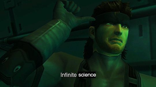 Solid Snake pointing at his bandana in MGS2, saying "Infinite ammo." but ammo has been replaced with "science"