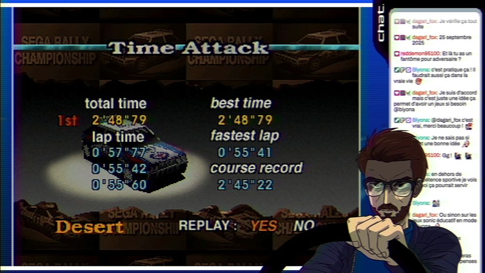 Screenshot from my livestream where we can see my Initial D inspired PNGtuber (one of many) in front of the time attack results screen