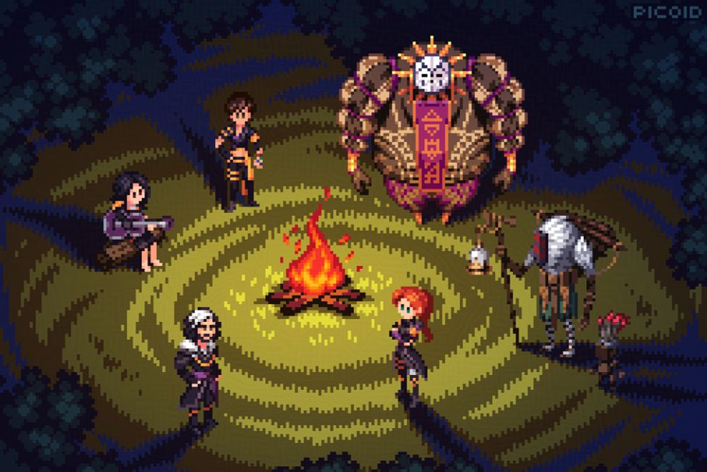 Pixel art of a camp scene in Clair Obscur Expedition 33, with Maelle, Verso, Lune, Sciel, Esquie, Monoco and Noco around the campfire