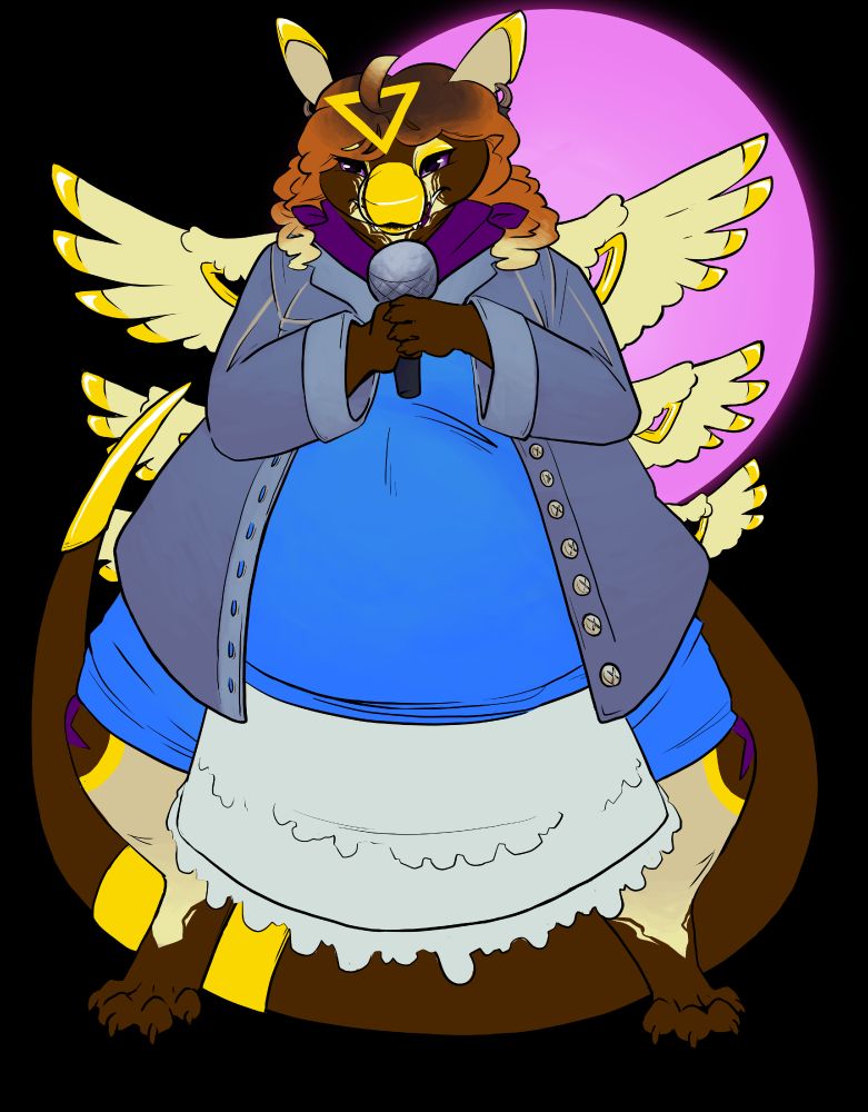 art of a chubby, curly-haired aexend with brown and gold fur cosplaying Miss Holloway from Starkid's Hatchetfield series, especially referencing the Run Away With Me music video in Killer Track - the outfit combines several of the ones seen throughout the video and episode: an electric blue diner uniform with apron, a denim jacket over that, and a Hatchetfield Nighthawks cap, as well as a purple neckerchief. he has brown hair trailing down to coppery red hair that fades out further to blonde. he is holding a microphone and stanced up with a pink sun behind him in reference to a pose from the music video, his wings spread out wide behind him.