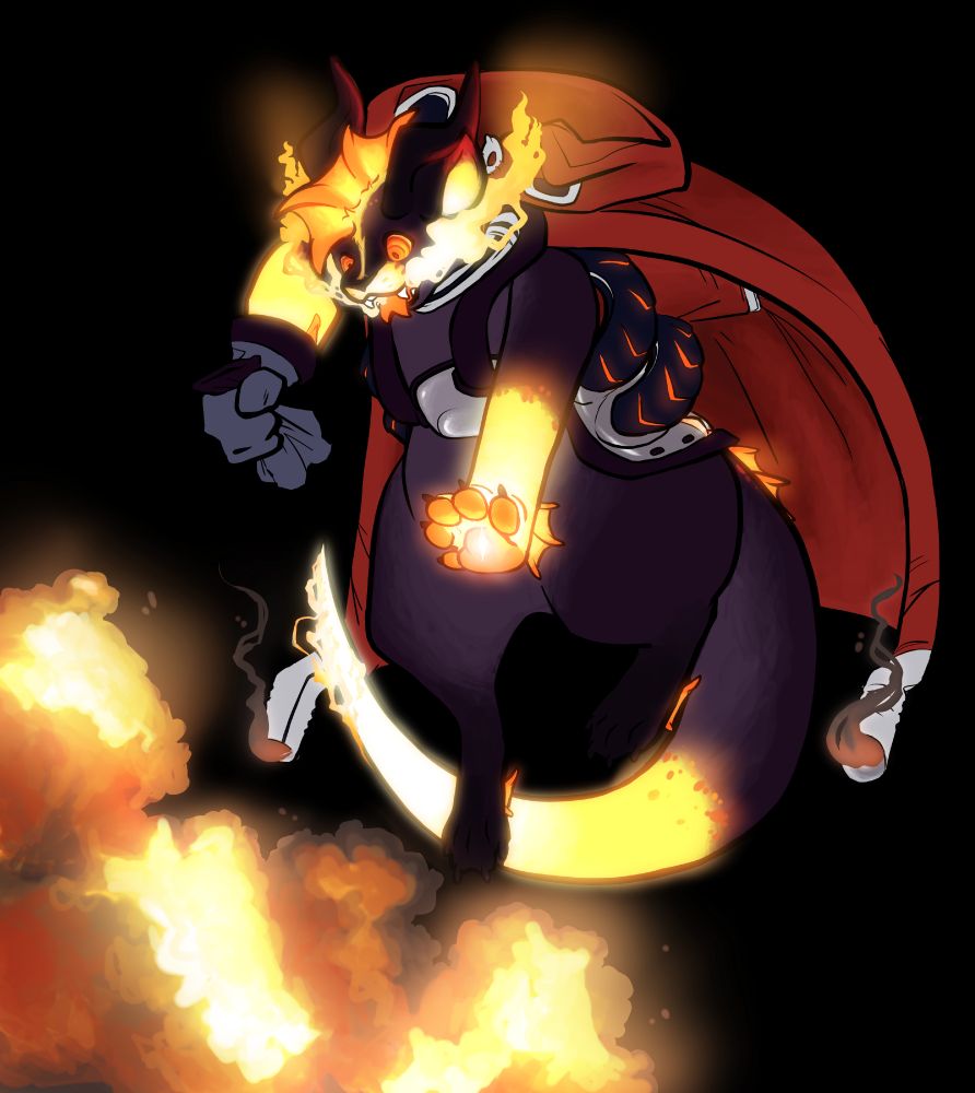 a rixixi - a dragon-cat like alien - with a dark purple pelt and glowing fiery points leaps into the air, pulling one glove off to free its paw to make a massive fiery explosion in the bottom left. the rixixi has fire streaming from their mouth, a combination of a cape and PPE along their back, with a mouthpiece loose and dangling around their neck, tubes glowing hot orange along the seams down their side, and what appear to be exhaust pipes at the side of the cape, smoke expelling from them.